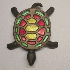 Vintage Cast Iron Turtle Trivet Hot Plate 1970 Stained Glass Style Kitchen Decor